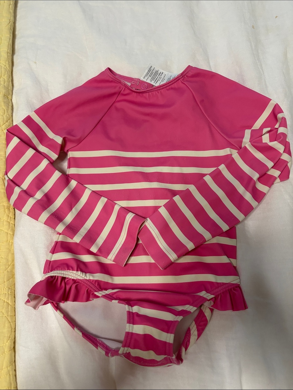 Mini Boden Pink and Cream Striped Long-Sleeve One-Piece Swimsuit